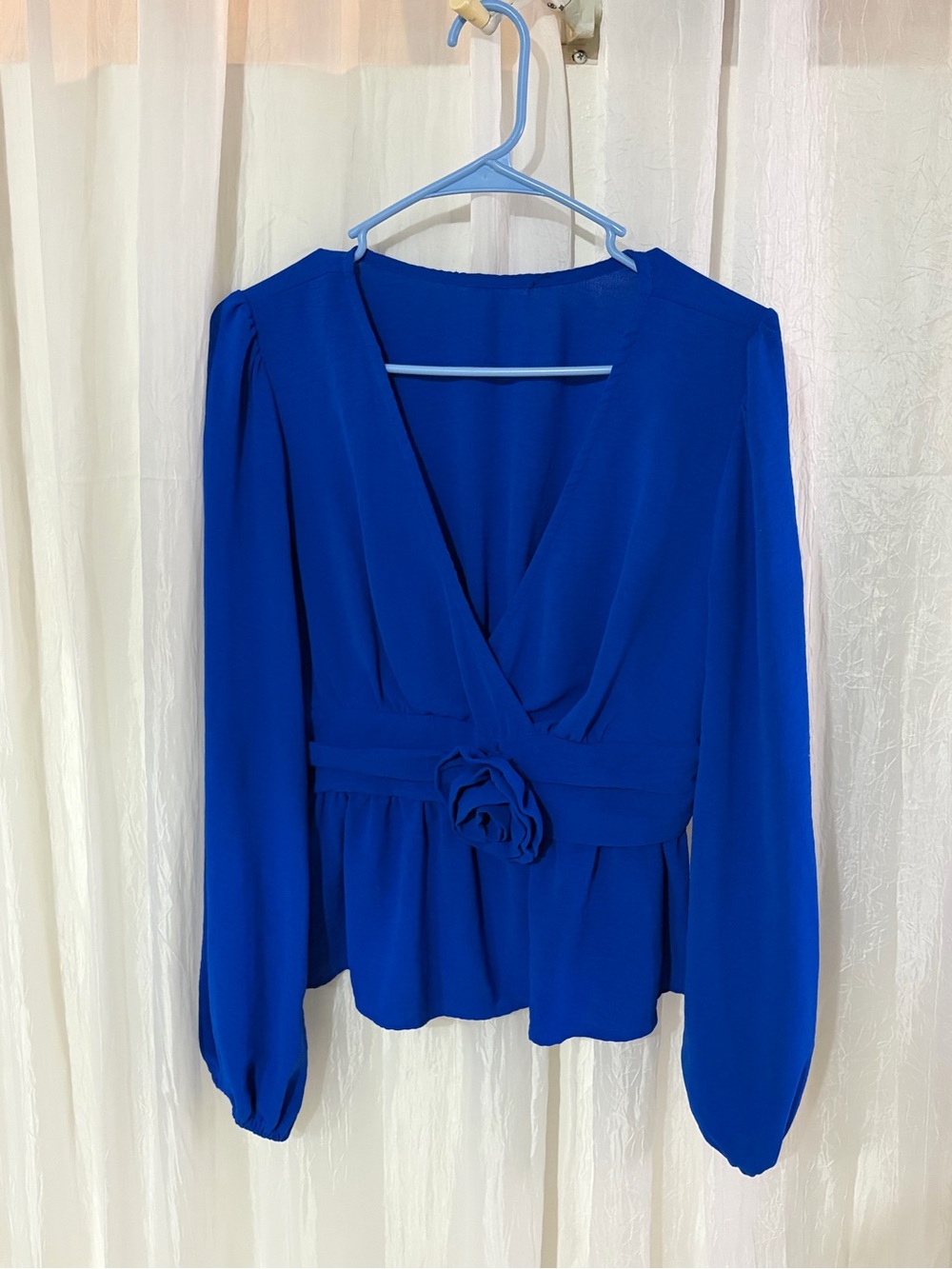 Women’s Royal Blue Long-Sleeve V-Neck Blouse with Waist Detail